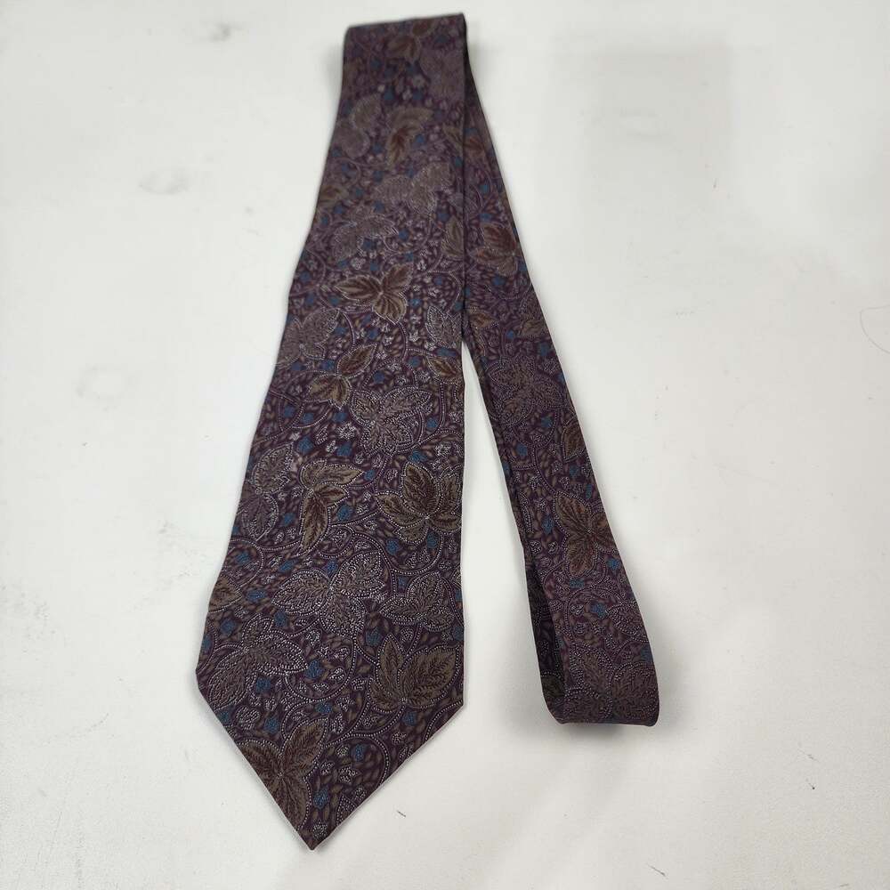 Valentino Cravatte NO. 4321 Brown Burgundy Blue Leaf 100% Silk Tie 3.5" W Italy